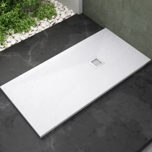 Plato de Ducha de Resina Extraplano | Plato Ducha Antideslizante en Textura Pizarra Suave en Todas las Medidas | Plato Ducha con Válvula de Desagüe y Rejilla | Blanco | 180 x 80 cm