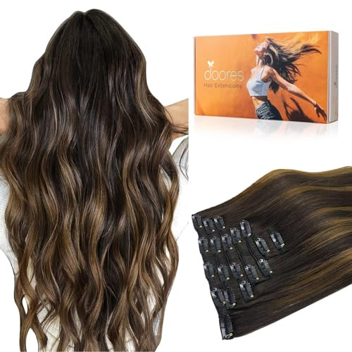 DOORES Clip in Extensions Echthaar, Balayage Dunkel Braun to Chestnut Braun Extensions Echthaar 30cm 12 Zoll 7 Stück 80g Remy Haarverlängerung Echthaar Natürliche Echthaar Extensions