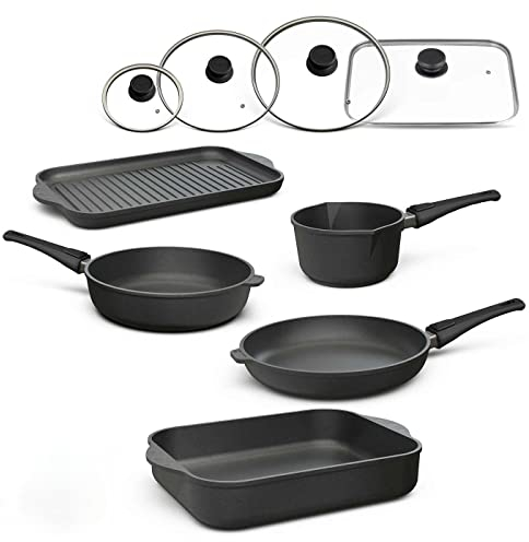 Hoffmann Aluguss Kochgeschirr Set mit Glasdeckel und abnehmbaren Stielen, 9-teilig I Für alle Herdarten auch Induktion I Made in Germany 100% verzugsfrei