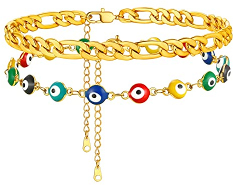 Bracelet de Cheville pour Femme Or Plauqe Fiagro Acier lot de 2 Multiples Chaines de Pied Egyptienne Oeil Horus Multicolore 22 cm Reglable Amulette de Protection Perle Cadeau Enfant Fille Amie Soeur