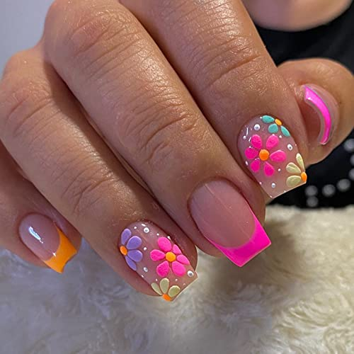 24PCS Short False Nails with Glue Stickers, Coffin Full Cover Acrylic and Press on Nails no Glue,Colorful Flower French Fake Nails Stick for Women and Girls Nail Art