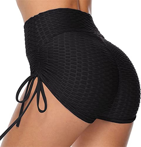 Gym Shorts Damen Booty Scrunch Leggings Seamless Shorts mit Kordelzug Hohe Taille Shorts Bauchweg Laufhose Radlerhose Kurze Sporthose Leggings Running Shorts Fitness Kurze Shorts (22-Black, M)