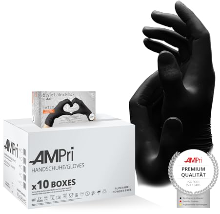 AMPri Latexhandschuhe, schwarz, 10 Box a 100 Stk, Größe XL, puderfrei, Style Latex Black: Latex Einweghandschuhe in den Größen XS, S, M, L, XL