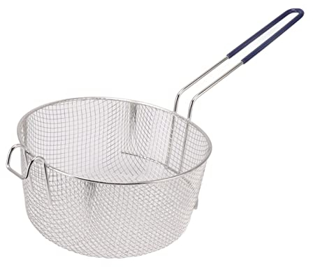 Stainless Steel French Fry Chips Basket Net, Deep Fryer Basket, Reusable Frying Basket with Long Handle, Rust Resisntant Fish Fry Basket, Deep Frying Basket for Fish Chicken Nuggets(Rubber Handle)