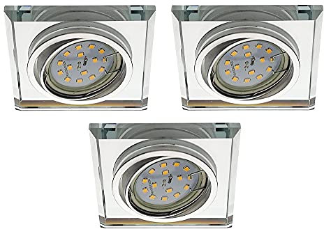 Trango 3er Set 6729S-03GUSD *CRYSTAL* Deckenstrahler aus Glas handgeschliffen & Alu inkl. 3x 3-Stufen dimmbar GU10 LED Leuchtmittel 3000K warmweiß, Einbauleuchte, Einbauspot, Deckenleuchte