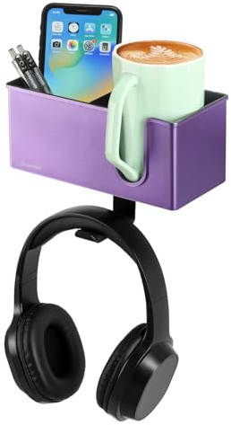 DramLan Desk Organizer with Headphone Hanger Desk Cup Holder for Desk Storage Beverages Phone Holder Clip on Desk Cup Holder Rotating Headphone Hanger and Detachable Desk Storage (Purple), M002