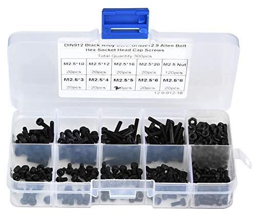 Watris Veiyi 300 Stück Innensechskant Schrauben, M2,5 x 3-20mm Inbusschrauben Sortiment, 12,9 Grad Sechskantschrauben Set aus legiertem Stahl Sechskantschraube mit Mutter Reparaturwerkzeugzubehör