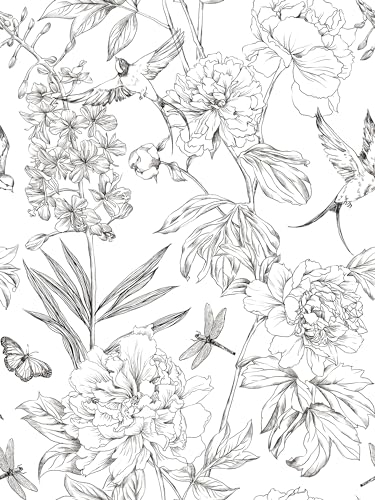 Schwarze und weiße Blumen abziehen und kleben Tapete selbstklebende abnehmbare Vintage Blumentapete Vinyl Blumen Kontakt Papier für die Dekoration Schlafzimmer Bad Haus Wände (17,3 x118) Insekten