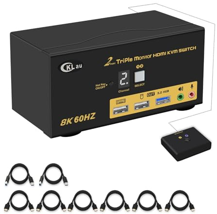 CKLau 2 Port Triple Monitor KVM HDMI Switch 8K@60Hz, 4K@144Hz for 3 Monitors 2 Computers Share Keyboard and Mouse Support Emulation EDID, Hotkey Function, HDMI 2.1, HDR