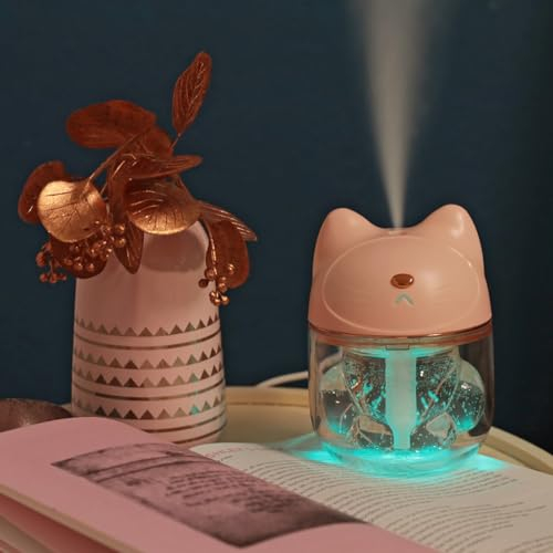 Hellum Luftbefeuchter Katze, tragbar in rosa, Diffuser 9x12cm groß, süßer Luftbefeuchter Kinderzimmer mit Nachtlicht, 524956