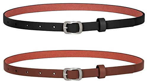 XZQTIVE 2 Stück Damen Skinny Leder Gürtel Dünner Taillengürtel mit Silber Schnalle für Hosen Jeans Kleider Schwarz+Kaffee M