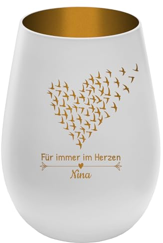 Trauerlicht Gedenklicht mit Gravur - Weiß/Gold - Windlicht personalisierbar mit Name - Höhe 12 cm - Glas Teelichthalter Mensch Haustier