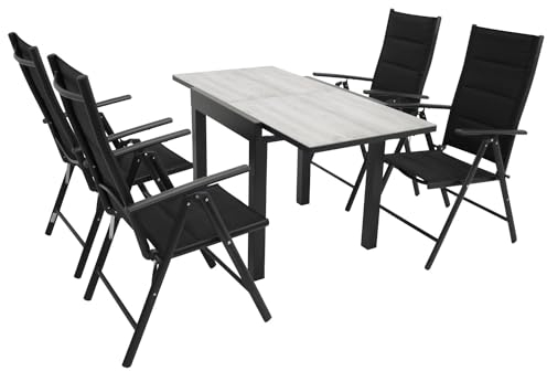 DEGAMO Gartengarnitur Sitzgruppe FARO 5-teilig, 4X Klappsessel aus Aluminium anthrazit und gepolstertem Textilgewebe in schwarz sowie 1x Ausziehtisch Aluminium + Glas 70/140x70cm, anthrazit