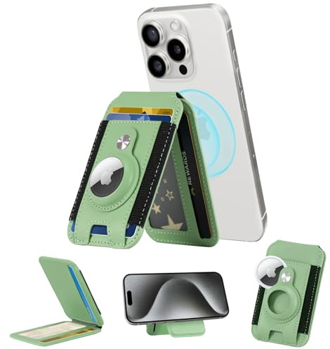 Haweah Magnetische Wallet mit AirTag-Halter Kompatibel mit MagSafe Wallet,Magnetischer Kartenhalter Kartenetui mit Ständer für iPhone 15/14/13/12 Serie (Airtag Nicht im Produkt Enthalten) - grün