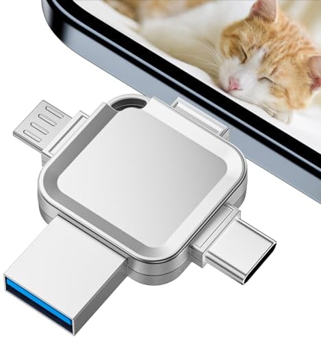 【Keine App Erforderlich】 4-in-1 USB Stick lphone 256GB, Yueflue Speicherstick lphone mit i0S/USB/Type C/Micro-Schnittstellen Bietet. Ganzmetall-Kreuz Photo Stick Speichert Mehr Fotos und Videos.