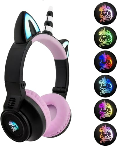 hisonic Casque licorne Bluetooth pour enfants avec lumières colorées, microphone et emplacement pour carte SD pour filles à partir de 3 ans (licorne noire)