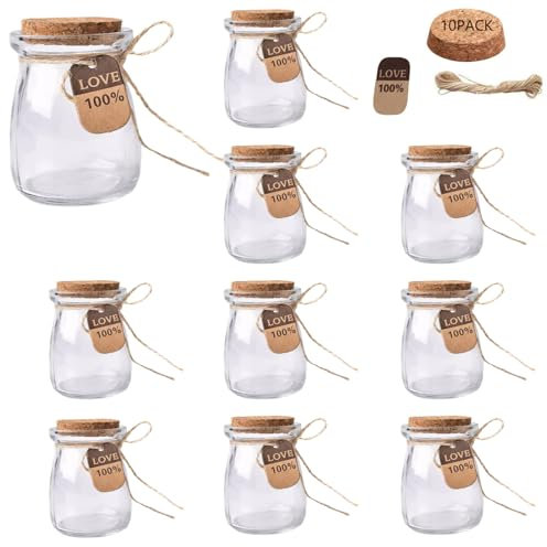 MEETOZ Mini Yogurt Jars 10 Pack, 3.5oz Small Glass Jars with Cork Lids, Corked Small Pudding Glass Storage Jars Empty Glass Bottle for DIY Art Crafts Projects Decoration Party Supplies Wedding
