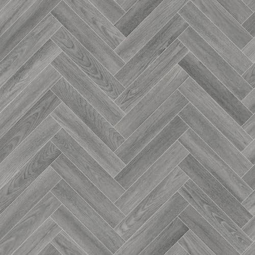 Grey Modern Herringbone Parquet Effect Maestro Vinyl Flooring 2mm Anti-Slip Lino for Kitchen Bathroom (W: 3m x L: 5m)