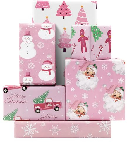 Carta da regalo natalizia rosa, 6 fogli, Babbo Natale, pupazzi di neve, pan di zenzero, fiocchi di neve, alberi di Natale invernali rosa, carta da regalo piegata, piatta, fai da te, per feste di