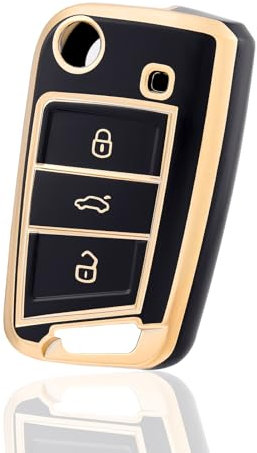 OFF WE GO Autoschlüssel Hülle Schlüssel Hülle Schlüsselhülle Cover für VW Golf 7 Polo Skoda Octavia Tiguan MK7 Jetta Seat Leon Fabia Ibiza Fabia Superb Schlüsselcover Schutz Gehäuse, Schwarz Gold