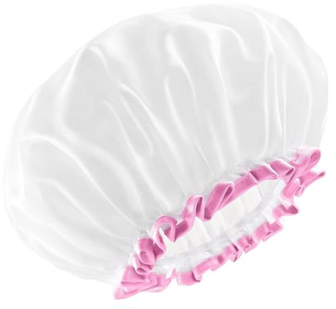White Large Shower Cap for Women Long Hair, Reusable Waterproof Double Layers Bathing Hair Cap Soft Comfortable PEVA Lining, Cute, Non fading & Stretchy Shower Hat