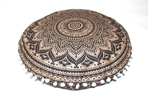 CRAFT KALA Bodenkissen, Boho, groß, rund, Bohemian, Bodenkissen, Mandala, Meditationsraum, Kissen für Erwachsene, Sitzpuff, Kissen für Kinder, Tipi, Lesen, Spielzimmer, Schwarz, Gold, Ombré