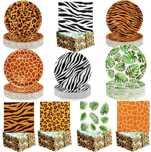 HSPAIDYP 100Pcs Jungle Safari Wild Animal Party Supplies,7 Jungle Safari Animal Print Paper Plates Jungle Zoo Animal Napkins,for Jungle Safari Themed Jungle Party Decorations