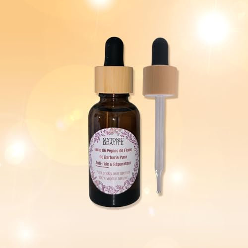 Olio di semi di fico d'india biologico da 30 ml + tappo in bambù con pipetta e bottiglia in vetro ambrato, viso anti-invecchiamento e correttore, 100% puro, naturale.
