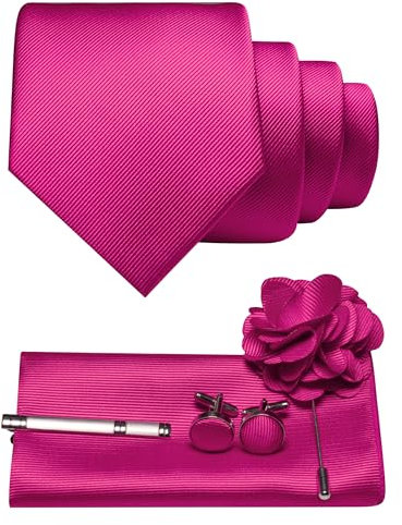 JEMYGINS Corbata de sarga para hombre con diseño monocolor, incluye gemelos cuadrados de bolsillo, pinza de corbata y broche de flores, set de regalo para fiestas, negocios, bodas, Rosa caliente., M