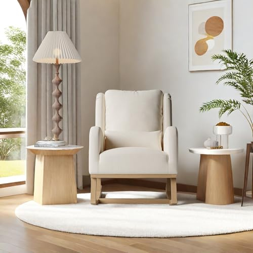 Schaukelstuhl, Stillstuhl, Armlehnenstuhl, Stillstuhl, Schaukelstuhl mit Beinen aus Massivholz, Leinen, für Wohnzimmer, Schlafzimmer, Balkon (Leinen, Beige, 93 x 68 x 96 cm)