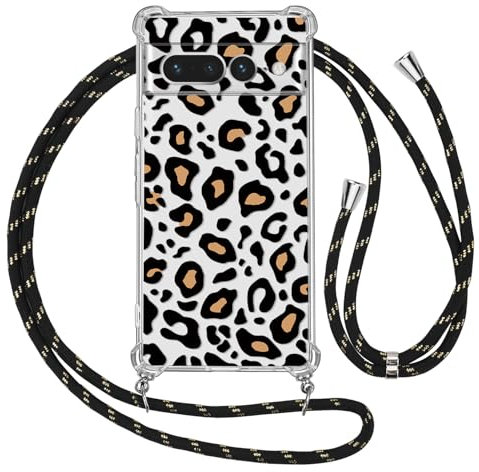 Ciciber Ttusy Chaîne de téléphone portable - Coque de protection pour Google Pixel 7 Pro - Avec bande - Motif transparent - Léopard - Anti-chocs - Souple - Avec cordon de suspension - Pour Google