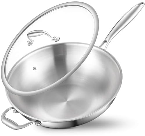 Nontoxicook 30cm Tri-Ply Stainless Steel Wok Pan with Lid | Cooking Wok with Side Ear, Wide & Deep Cookware Stir-Fry Pan, Oven Safe up to 315℃, Suitable for All Hobs Including Induction