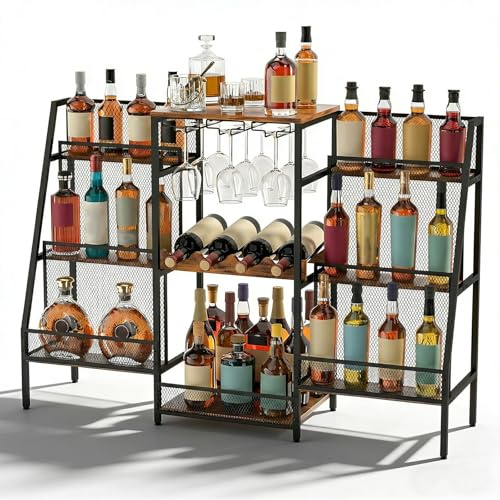 Zertylre 8-Tier Abgestufte Liquor Cabinet Mini Bar, Freistehendes Weinregal mit Geländer und Glashalter, Metall-Holz Flaschenregal für Wein, Ecke Liquor Flasche Display Regal für Bar Küche Esszimmer