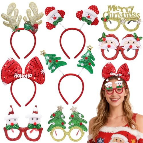 Haarreif Weihnachten und Weihnachtsbrillen Set,4Stück Weihnachtshaarreifen,4Stück Weihnachten Brillen Stirnbänder Weihnachts Kopfschmuck Brillenrahmen Weihnachtsstirnband für Weihnachtsfeiern Cosplay