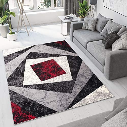 TAPISO Dream Teppich Modern Wohnzimmer Kurzflor Grau Schwarz Creme Rot Vierecke Geometrisch Meliert Schlafzimmer Esszimmer ÖKOTEX 120 x 180 cm