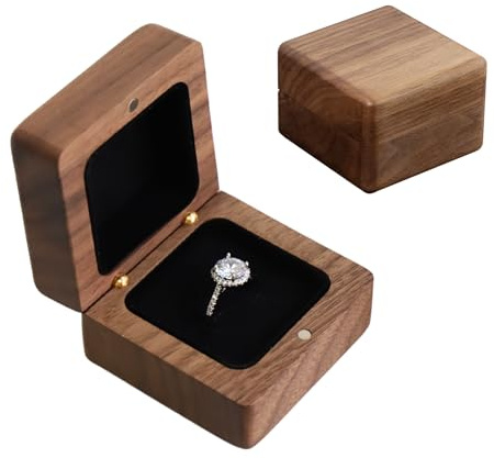 muso wood Ringbox Holz Massives Walnussholz Ring Schatulle 6 * 6 * 4.2cm Schwarzer Samt Verkleidung Ring Box Handgefertigte Ringschachtel Ringschatulle Heiratsantrag, romantisches Geschenk