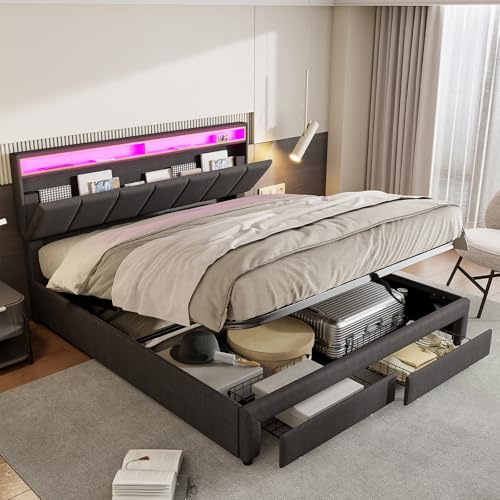 BHFFTHK Polsterbett Doppelbett 180x200,Hydraulisches Bett 180x200 mit Stauraum,Verstaubares LED-Kopfteil,Boxspringbett Bettgestell mit Lattenrost, Linen Grau, Ohne Matratze