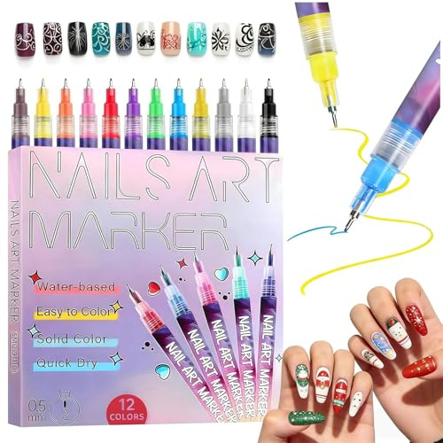 Nail Art Pens Set 12 Colours, Quick Dry Nail Markers for Gel Nails, Fine Tip Nail Drawing Pens, DIY Nail Design Tools for Home Salon Use