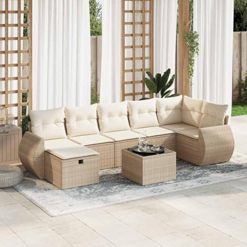 Hoopleep Ensemble de 8 canapés de jardin en rotin synthétique beige, 2 canapés avec espace de rangement, canapé d'angle, 3 canapés centraux, repose-pieds, table de jardin, coussins, résistants aux UV