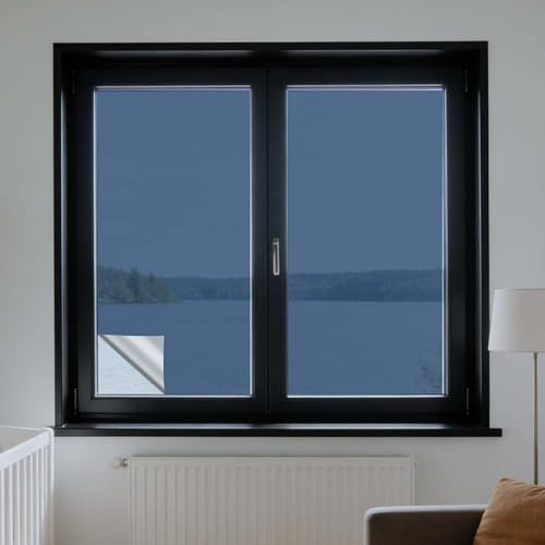Vinilo Ventana Privacidad 85 x 190 cm Anti UV Anti Calor Papel Polarizado Tipo Espejo con Kit de Montaje para Puertas Cristal Dormitorio, Azul Plata