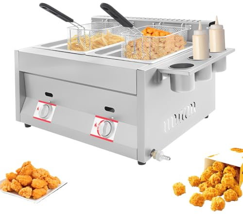 Friteuse à gaz double professionnelle, friteuse au propane en acier inoxydable, plage de température 50-380 °C, friteuse à gaz avec 3 coupelles à épices pour les maisons, les restaurants, les fêtes