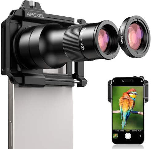 APEXEL 6X HD Teleobjektiv mit Fixfokus und verbessertem Universalclip, 150-mm-Makroobjektiv,FMC-Beschichtung,Geeignet für iPhone 17/16/15..., Samsung, Pixel und andere Smartphones