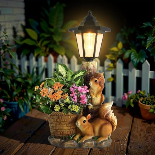 Bazcuka Gartendeko Solar Außen Eichhörnchen Statuen - Lustig Gartenfiguren Wasserdicht Solarlampe Blumentopf für Draußen Balkon Garten Deko Geschenke für Frauen Männer Mama