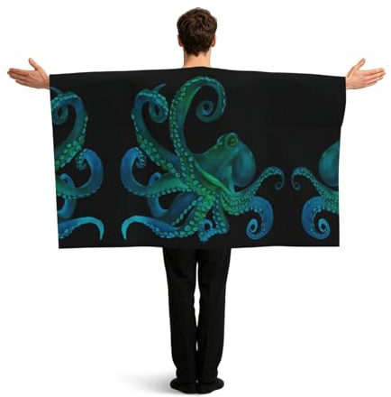 QAZWZML Unisex Flag Cape with Sleeves Blue Watercolor Octopus Adult One Size Black Polyester Bachelor Party
