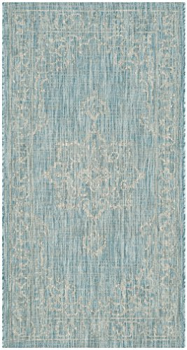 SAFAVIEH Washable Rug Outdoor Courtyard Collection - 2'7 x 5', Aqua Blue & Grey, Non-Shedding & Easy Cleaning, Ideal for Patio, Backyard, Mudroom (CY8481-37121)