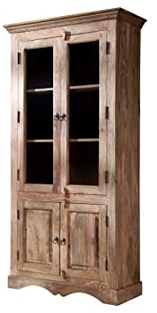 MASSIVMOEBEL24.DE | LEEDS Vitrine aus Massivholz #47 im Kolonialstil | aus Sheeshamholz - grau, geölt | 5 Fächer | 190x90x40 cm | Schrank Glasvitrine Hochschrank
