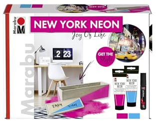 Marabu 1266000000080 - Fluoreszierende Schwarzlichtfarbe im Set, New York Neon Joy of Life, auf Wasserbasis, lichtecht, wetterfest, schnell trocknend, 2 x 100 ml Farbe und Art Painter schwarz
