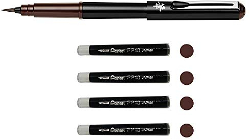Pentel GFKPN Pocket Brush stylo pinceau encre à pigments pour calligraphie, croquis, dessins Sépia + 4 cartouches