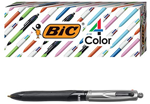 BIC Lot de 3 stylos à bille professionnels 4 couleurs, corps noir, pointe moyenne (1 mm), encres assorties,