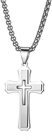 JewelryWe Herren Halskette, Edelstahl Klassisch Kreuz Anhänger mit 22 Zoll Kette, Silber, mit kostenloser Gravur